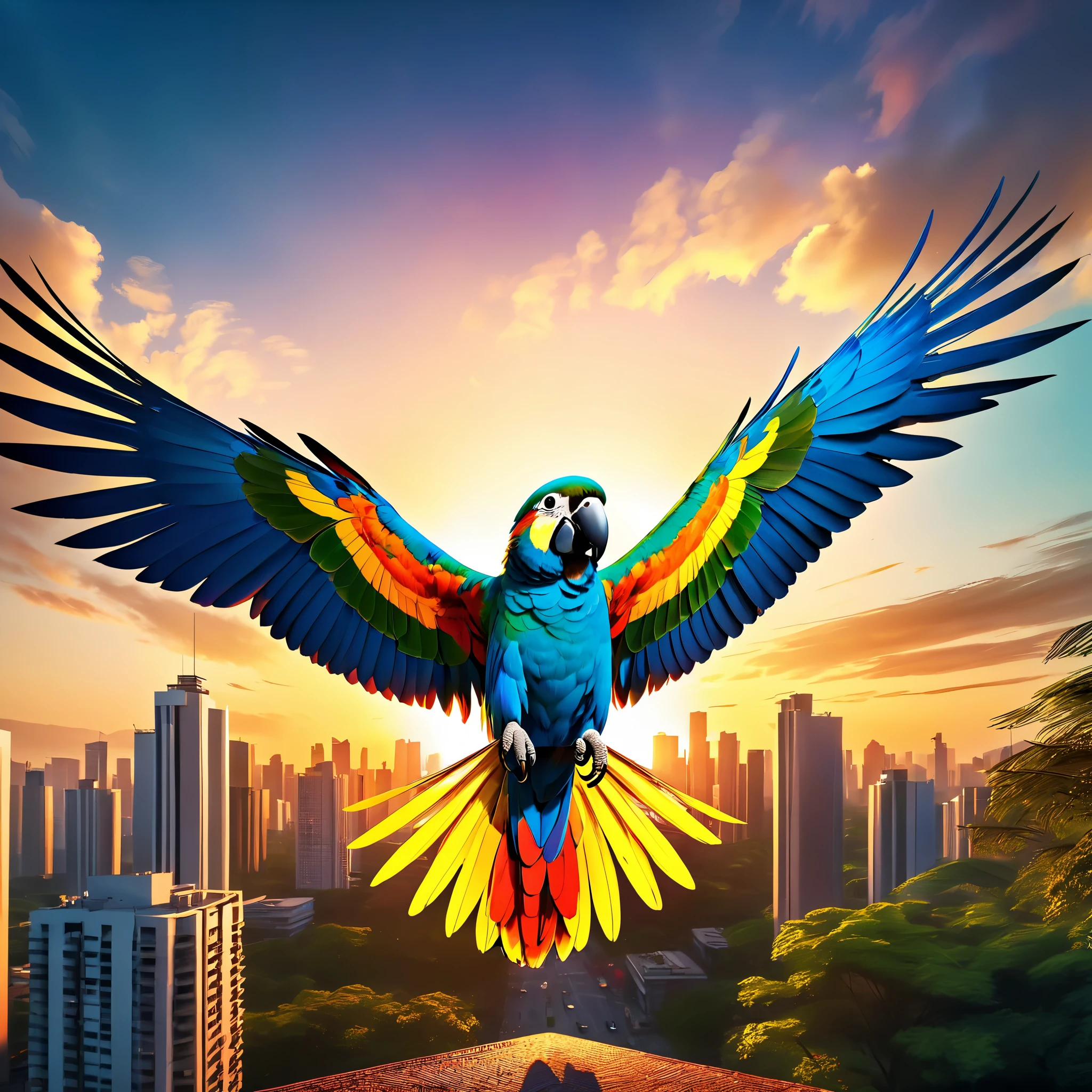Sunset Invictus, A photography full body shot of beutiful colour parrot. Spread wings. On the man shoulder. Capture the details of expensive brush strokes. dynamic composition, dramatic lighting to create a cinematic forest and blue sky atmosphere... National geographic quality images, extremely detailed, volumetric lighting, Background: City Street. Ultra Professional PhotoRealistic ((UnrealEngine5 epic tmasterpiece, ultra high-quality, ultra high-details, ultra sharp-focus, ultra high-resolution, ultra high-definition, vibrant DSLR vivid colorful lighting, cinematic_sunlight, saturate)), varies multi etc. --v 6 --s 1000 --c 20 --q 5 --chaos 100