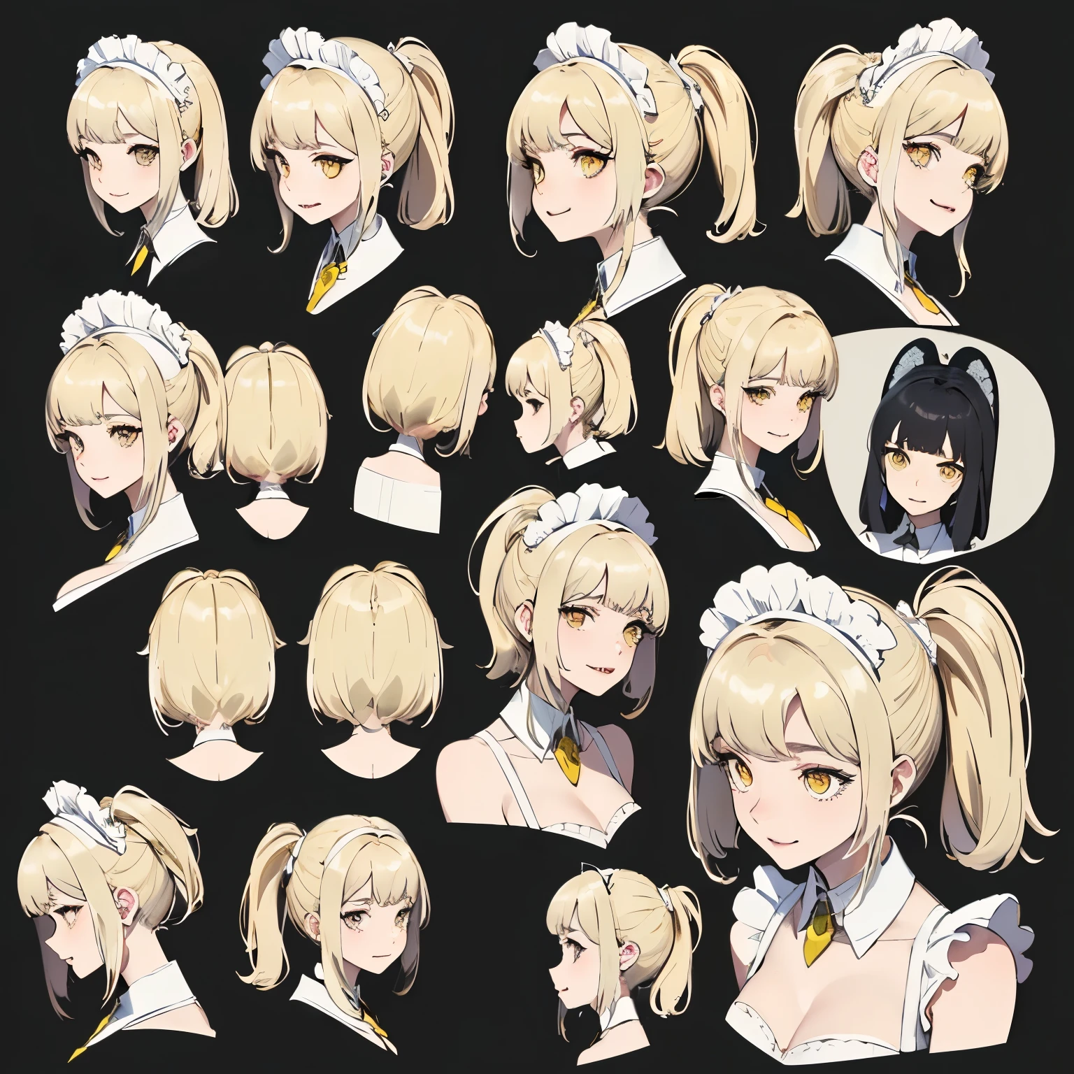 (masterpiece, 8K, highest quality, very detailed, 1 mature woman), (Consistent personality, same character), (blonde hair, yellow eyes), (very detailed顔と肌の質感, fine eyes), evil smile, big breasts, alone, (maid), white background, bare shoulders, enchanting smile, (multiple views, multiple angles), Side view, Front view, look up, look down, Rear view, 20-degree head view