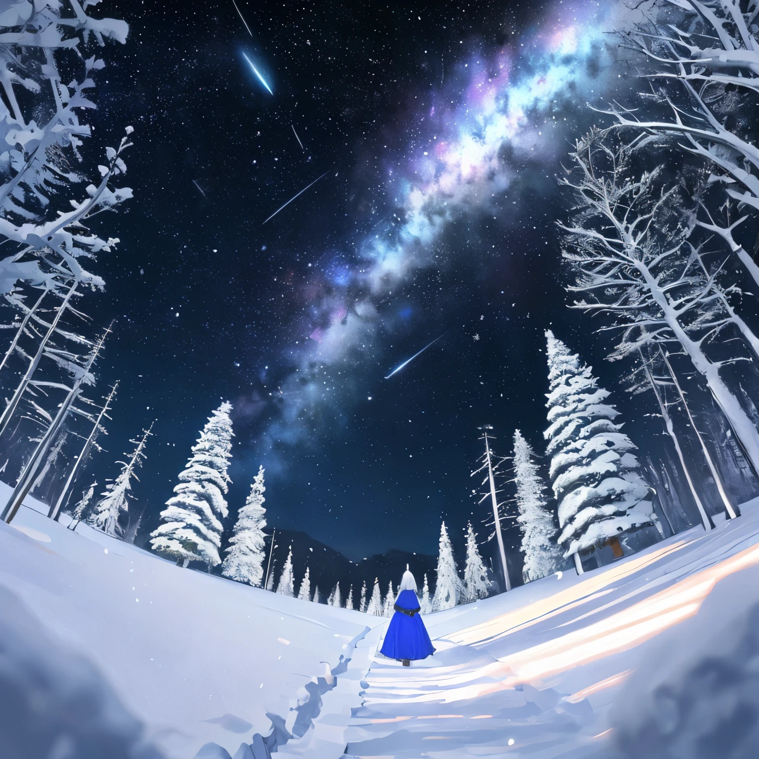 vaste photographie de paysage (a view from below showing the sky above and an open forest below), femme debout sur un chemin de pavé regardant le paysage, femme poilue, femme loup, full fur, fourrure magique (purple and blue light particle around), queue complète, grosse queue, queue magique, cheveux magiques (longue et toffu), tenue chauffant (in high quality fur and embroidery), décor de nuit, (pleine lune : 1,2), (shooting Stars : 0,9), (nebula : 1,3), (source de lumière chaude :1,2), (Firefly :1,2), (flocon de neige :1,0), (neige sur arbre)
(masterpiece : 1.2), (best quality), 4k, Ultra detailed, (composition dynamique : 1.4), Very detailed and colorful details, (iridescent colors : 1.2), (bright lighting, éclairage d'ambiance), dreamer, magique, ( seul : 1.2)