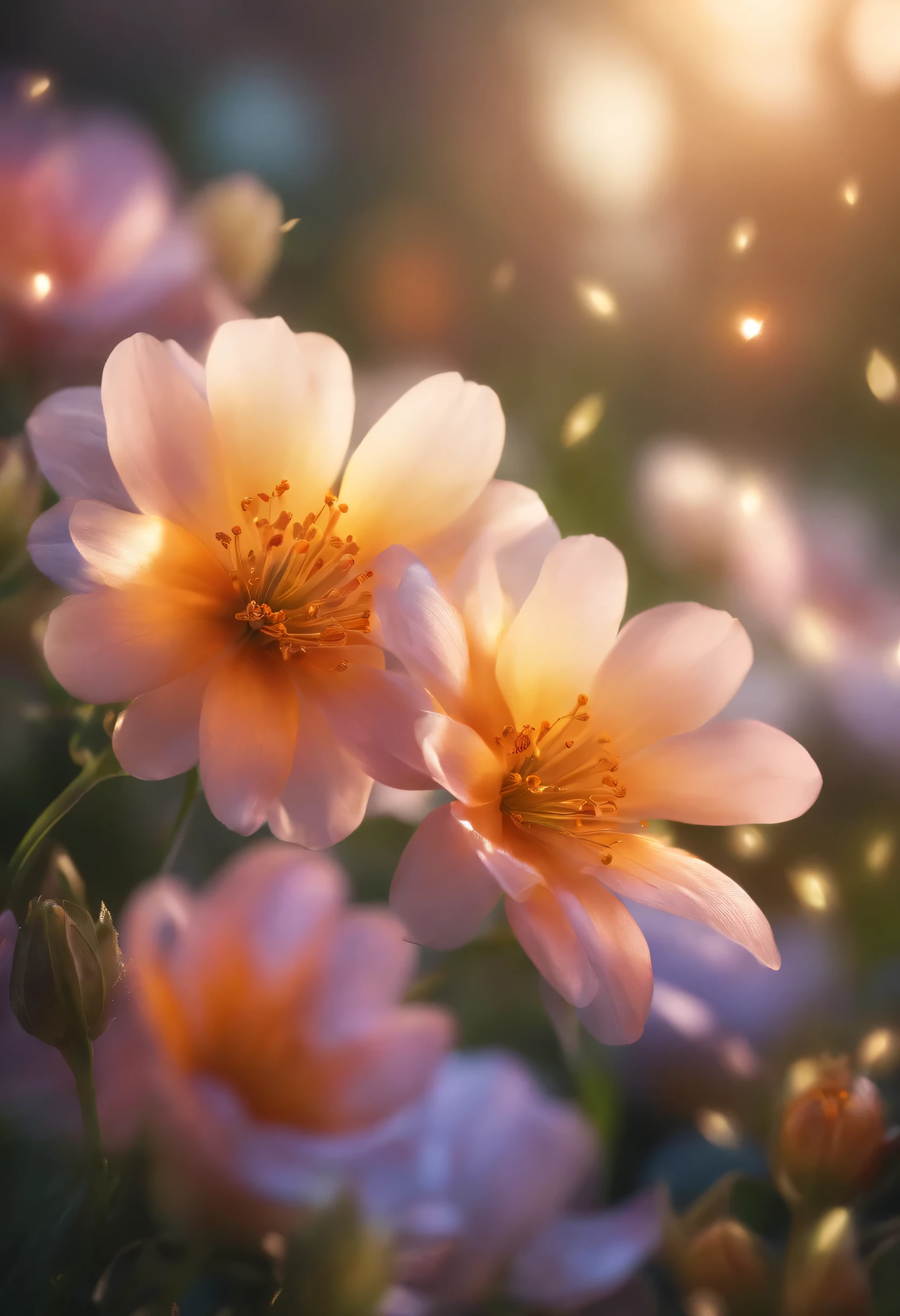 super realistic flowers, spring, transparent, Glittering, Glittering, shining, Coloring, amazing photography, The lighting is dramatic, photorealism, Over-refinement, 4K, depth of field, high resolution