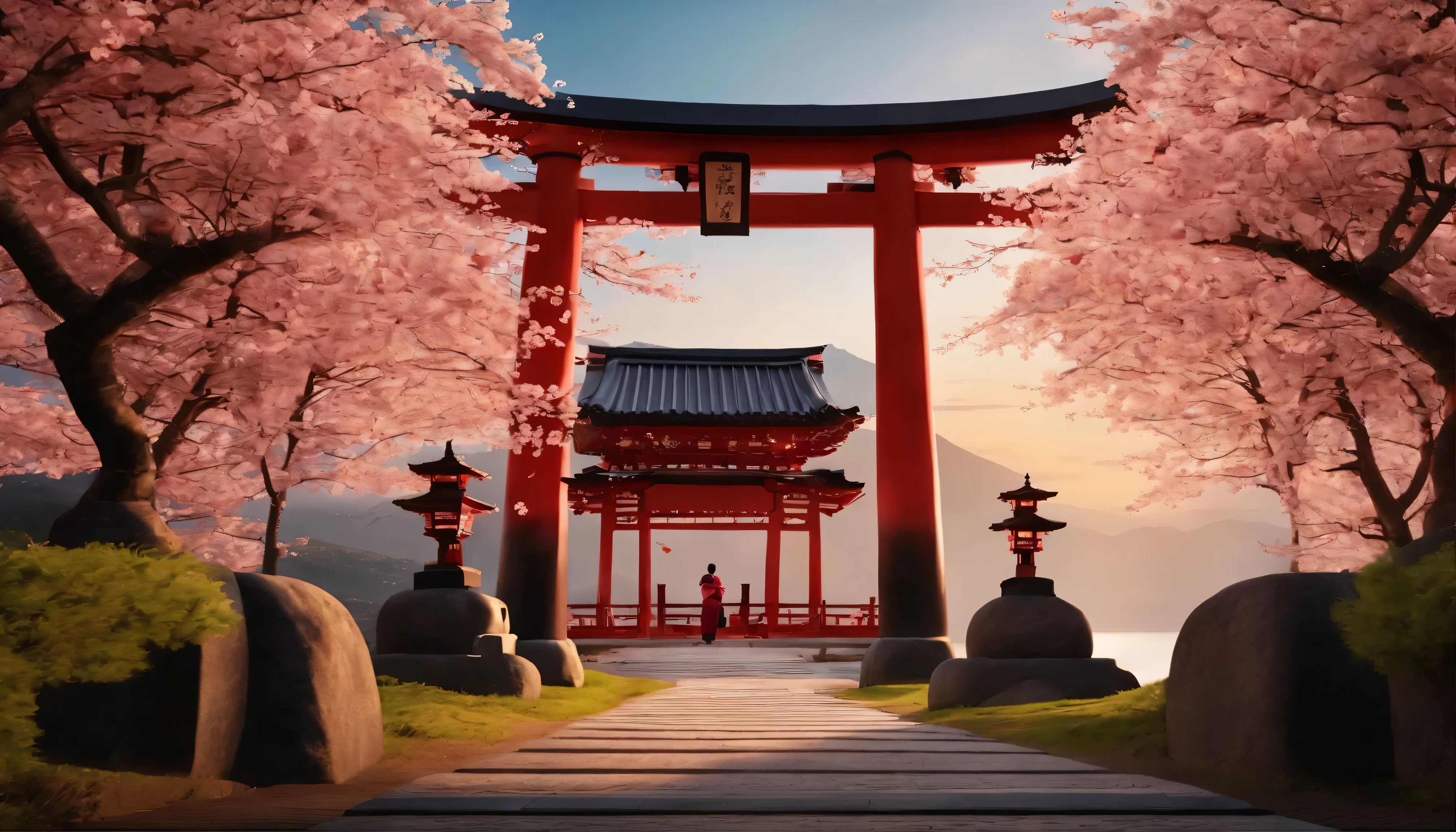 Traditional Japanese shrine entrance, (Sakura trees in full bloom:1.3), Mt. Fuji in the background, Three people in national costumes, (Scattering cherry blossoms:1.2), stone lantern, Bright red torii gate, (calm atmosphere:1.1), Dark at dusk, Detailed architecture, Gentle spring scenery, rich green, Cultural Landscape.