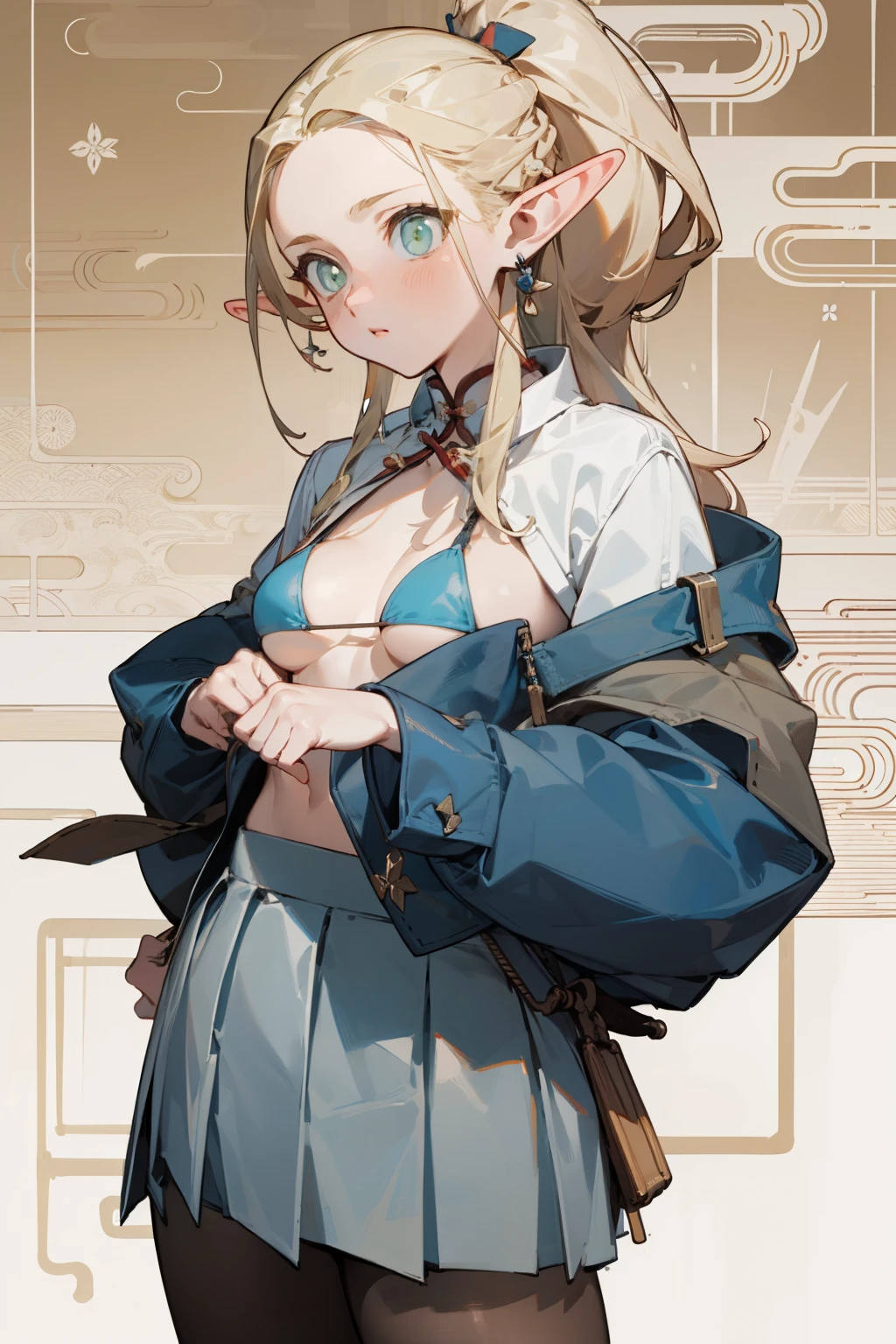 (masterpiece, best quality) detailed,silver accessories , Blonde ,elegant, pointed ears ，Chinese element pattern，White shirt，bikini，pleated skirt，pantyhose