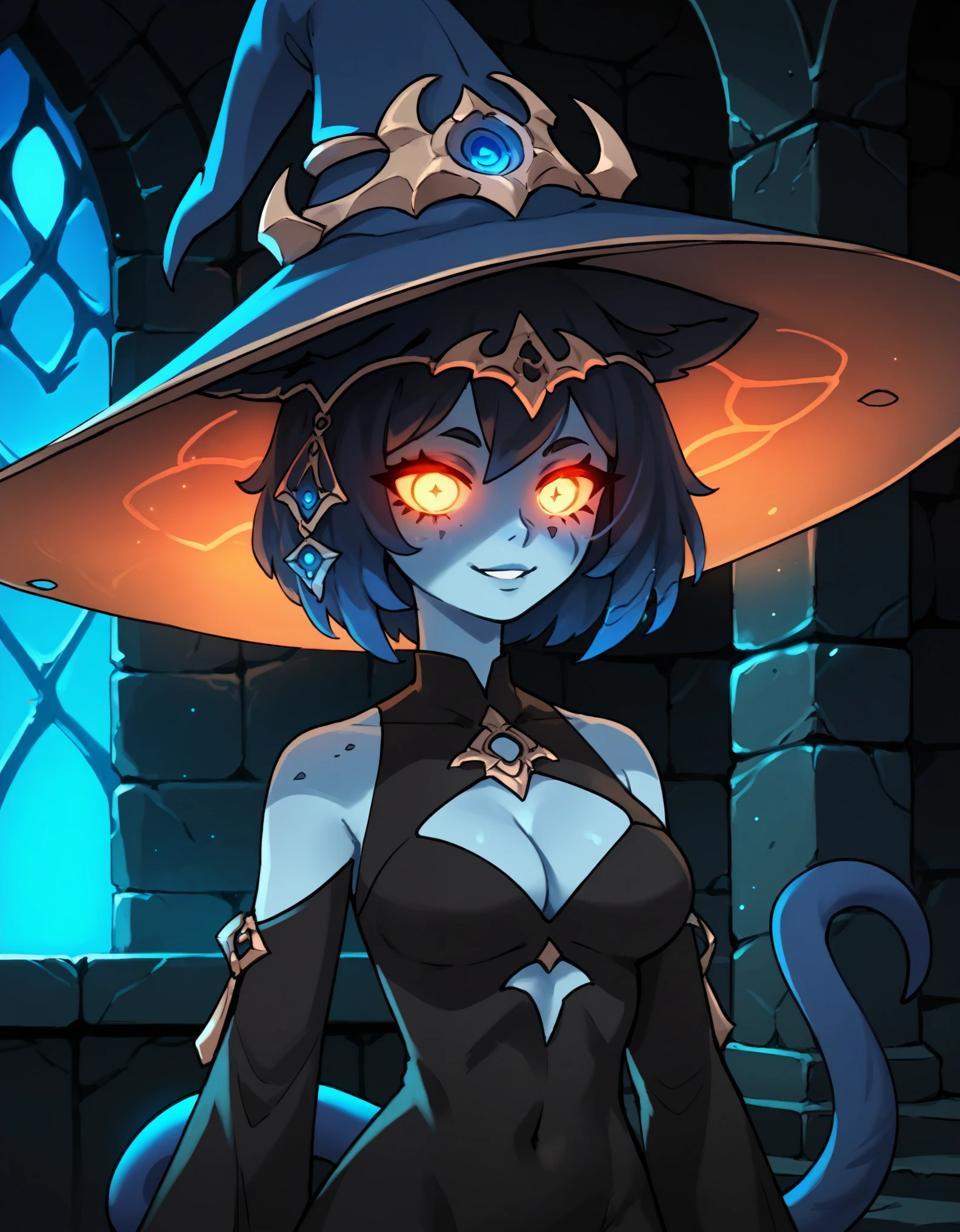 (score_9, score_8_up), score_7_up, zPDXL, SqueakyStyle, (1girl), (blue skin), colored skin, masterpiece, best quality, glowing eyes, Smouldie, dark hair, short hair, tail, animal ears, blue hat, witch hat, long dress, black dress, cleavage cutout, silver ornament, glowing eyes, smile, upper body, indoors, stone walls, alchemy, fantasy 