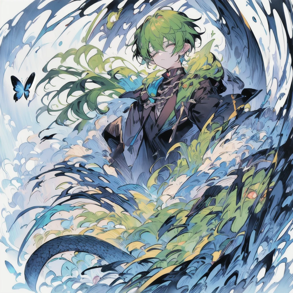 masterpiece, top quality, best quality, beautiful, aesthetic:1.2), 1 boy, alone, green hair, half-closed eyes, usually with a gentle expression, serpent of the world, top hat, black suit, butterfly knife, chains, snake, antagonist character, extremely ruthless and cruel by nature, enjoys inflicting harm on others without reason.