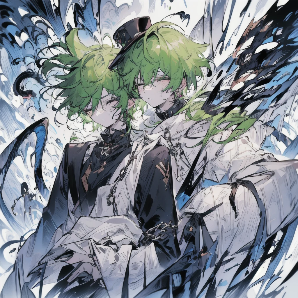 masterpiece, top quality, best quality, beautiful, aesthetic:1.2), 1 boy, alone, green hair, half-closed eyes, usually with a gentle expression, serpent of the world, top hat, black suit, butterfly knife, chains, snake, antagonist character, extremely ruthless and cruel by nature, enjoys inflicting harm on others without reason.