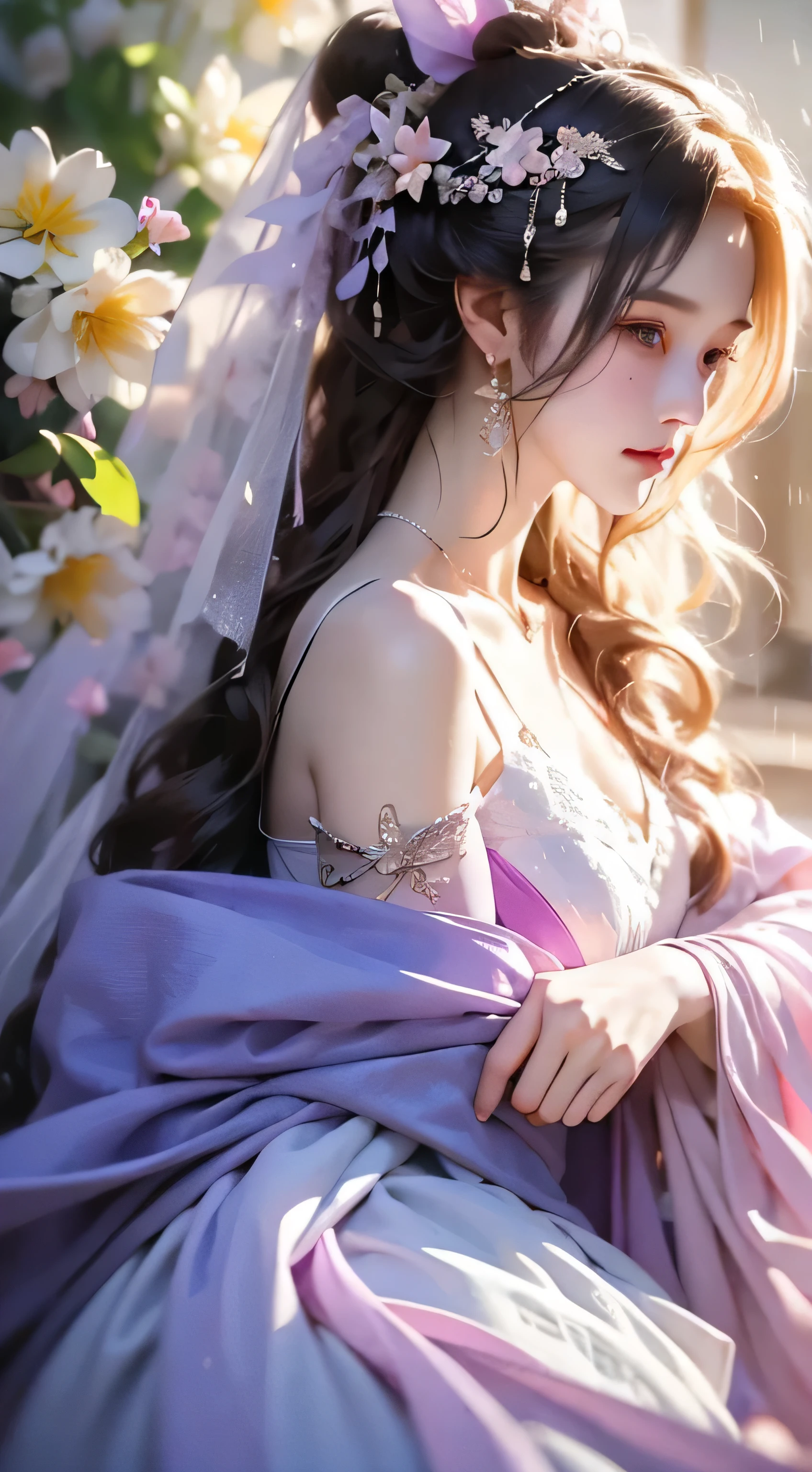 see through、Ren Hao、bare shoulders、One hand resting on his lips、There are white butterfly orchids around the hair，Lilac dendrobium、orange lily、White Lily、1 girl in、Full body image、white hair、flowing hair、Hazy Beauty、Skin-revealing corset dress，Extremely beautiful facial features、hairpins on head、lying among flowers、Drag your chin with both hands、perfect hands、rosette、(spring、rainy day、Butterfly、cliff)、 vector art、Chinese contemporary art、soft light lighting、intertwined scarves、look down