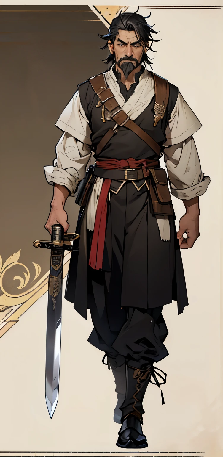 Anime fantasy male in his 40s and 50s with a neatly trimmed mustache, wearing an adventurer's outfit that looks like he's been through a lot of battles. His hair is black with alternating stripes of white. A little from old age He holds a European sword.