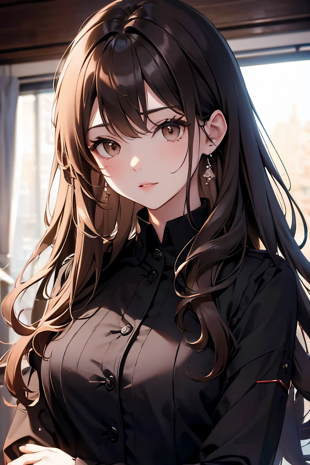 best quality, highres,Slender、brown eyes、tall、brown hair、black suit、curly hair、7 life size、no tie、small breasts
