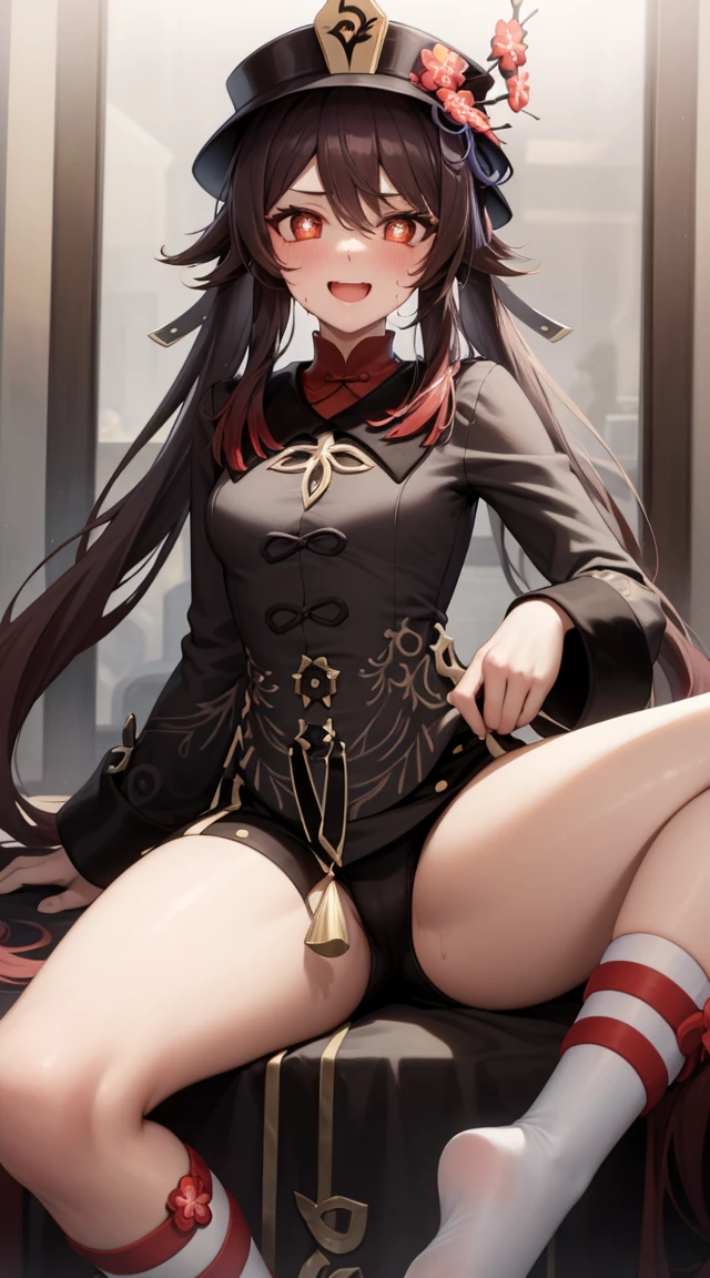 1girl in,Hu Tao,Evil smile,Half-closed eyes,Heart-shaped pupil,blush,Open mouth,yandere,Sweating,Heavy breathing,steam,Sitting,thighs thighs thighs thighs,thighs focus, Spread thighs,Small breasts,From below,legs focus,hotpants,hat,red flower in the hat,Small breasts,From below,Feet,Bare legged,feet focus,sole of feet,(5 toes 1.5),Mansuji,detaileds,Top image quality,shiny thighs