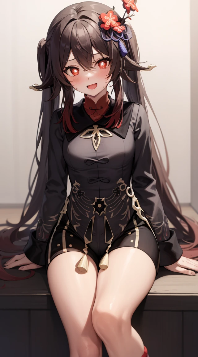 masterpiece, highest quality, 1 girl, Futao (genshin impact), Butao,have, red eyes, twin tails, brown hair, alone, pupil in the shape of a symbol, long hair,bangs, black shorts , Chinese service, vaginal,sex