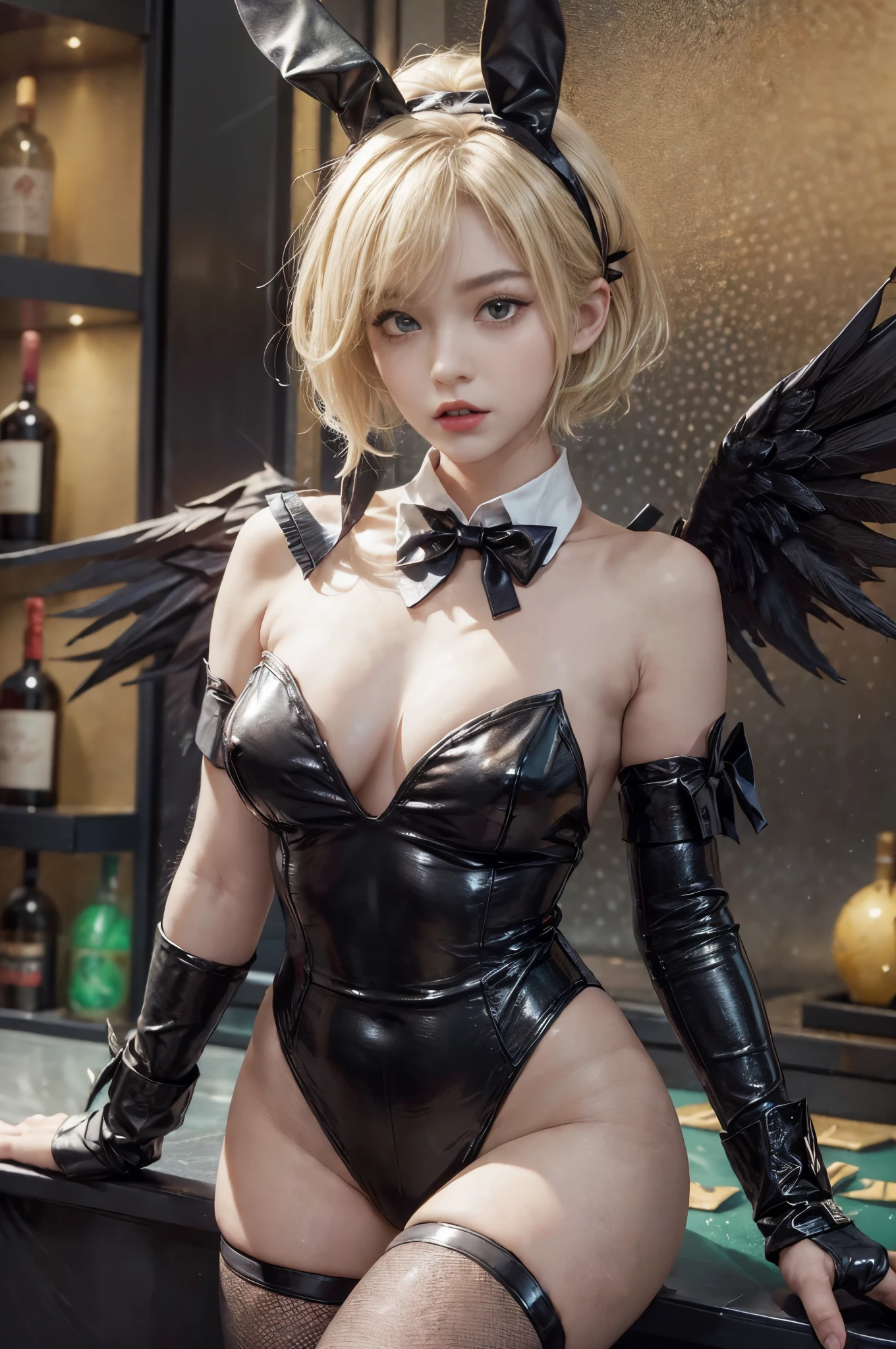 (Front Pin、perfect anatomy:1.5)、(SFW:1.5)(Super detailed、16K quality、real skin: 1.6)、Ultra-authentic、cinematic lighting、highly detailed face、1 beautiful thai girl、 (beautiful 14 year old half thai/japanese girl:1.3)(mens short hair、blonde:1.5)(big slit eyes)(blondeと派手な色がミックスされたヘアカラー、eyeliner、green color contact lenses:1.5)(Disproportionate breasts)red lips.break(Black or deep purple base),
bunny_girl,wearing a black bunny girl outfit,Animal ear headband,(black rabbit ears:1.1),(white collar and black bow tie:1.3),(cuffs:1.3),(white cuffs:1.1),leotard,black leotard,(bare shoulders:1.2),(Shoulder less:1.2),(strapless:1.2),(No shoulder strap:1.2),leather leotard,wearing tights under the leotard,(fishnet pantyhose:1.2),bunny tail(Wings of the Black Fallen Angel:1.5),break(Glittering golden decoration、Liquor shelf of a luxury bar in Las Vegas:1.4)(whole body.)
