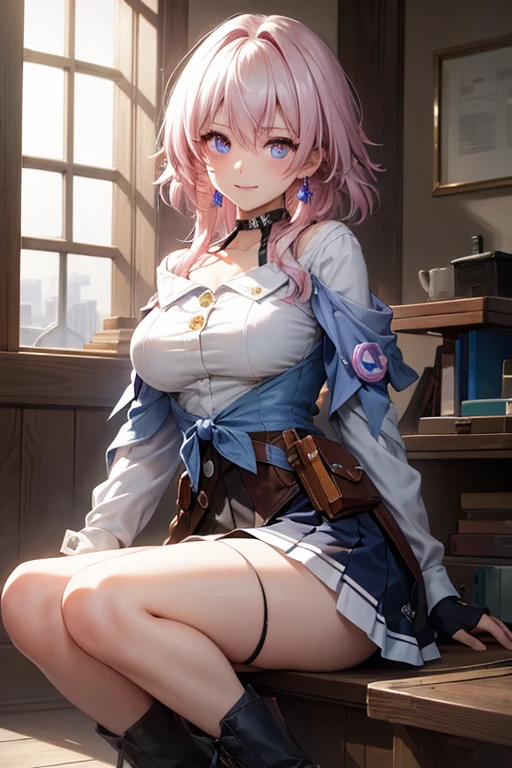 (masterpiece), best quality, expressive eyes, perfect face, 1 girl, solo, march seventh, blue eyes, hair between eyes, medium hair, pink eyes, pink hair, two-tone eyes, breasts, big breasts, large breasts, ankle boots, archery shooting glove, badge, legs, bare legs, thick legs, black choker, black corset, black footwear, black gloves, blue jacket, blue skirt, boots, button badge, buttons, choker, collarbone, corset, earrings, flower ornament, gloves, high heel boots, high heels, jacket, jewelry, long sleeves, miniskirt, partially fingerless gloves, pleated skirt, shirt, single earring, single glove, skirt, thigh strap, tied jacket, underbust, white shirt, smiling, city, background, futuristic city, sitting on the ground, knees up, portrait, looking at the viewer