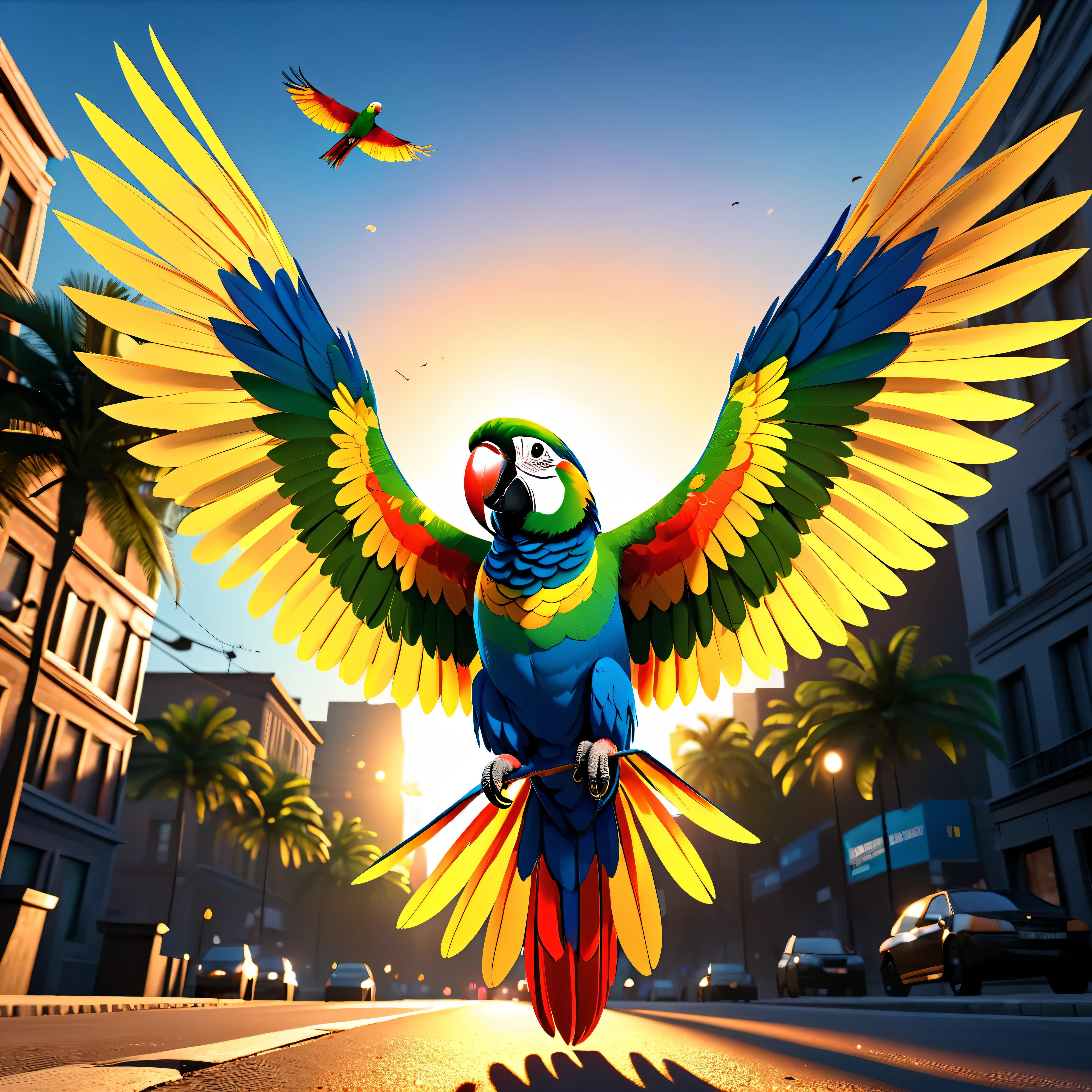 Sunset Sol-Invictus, full body shot of beautiful colour parrot. Spread wings. On the man shoulder. Capture the details of expensive brush strokes. dynamic composition, dramatic lighting to create a cinematic forest and blue sky atmosphere... National geographic quality images, extremely detailed, volumetric lighting, Background: City Street. Ultra Professional PhotoRealistic ((UnrealEngine5 epic tmasterpiece, ultra high-quality, ultra high-details, ultra sharp-focus, ultra high-resolution, ultra high-definition, vibrant DSLR vivid colorful lighting, cinematic_sunlight, saturate)), varies multi etc. --v 6 --s 1000 --c 20 --q 5 --chaos 100