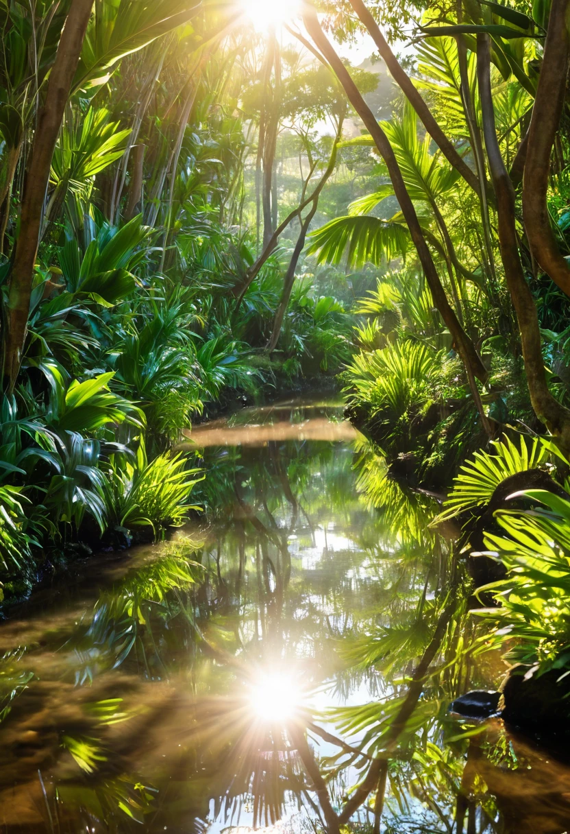 Fotografia, lente 105mm, valley with lush tropical vegetation, luz solar inicio do dia, reflections between the trees, water course