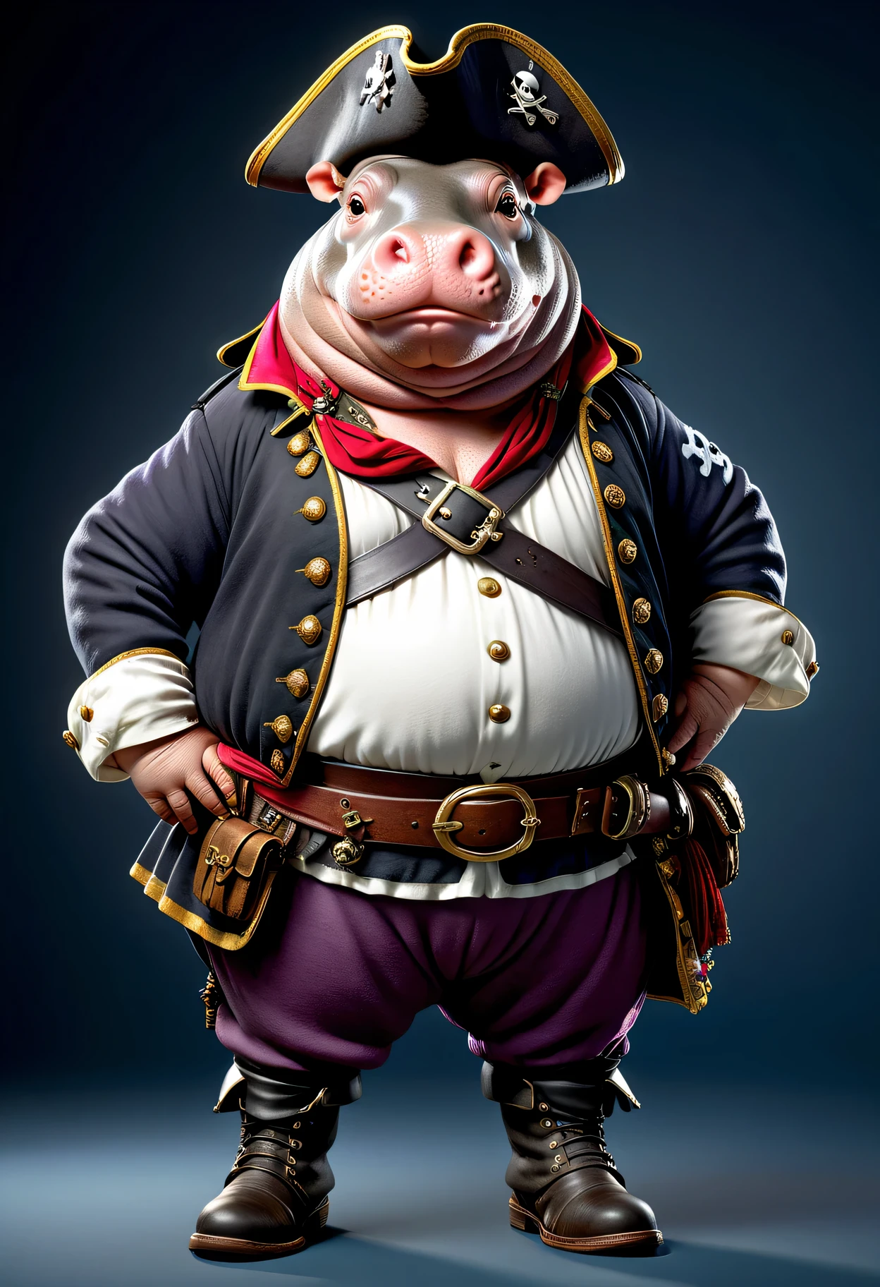 photorealistic portrait of Dressed animals - a ((fat)) hippo pirate,(hands on hips:1.2),(), high quality,(lovely) ,intricate details, highly detailed (( pirate costume)), wearing pirate hat pants and boots , highly detailed pirate equipment , (happy), studio lighting,(flurry),(simple background)