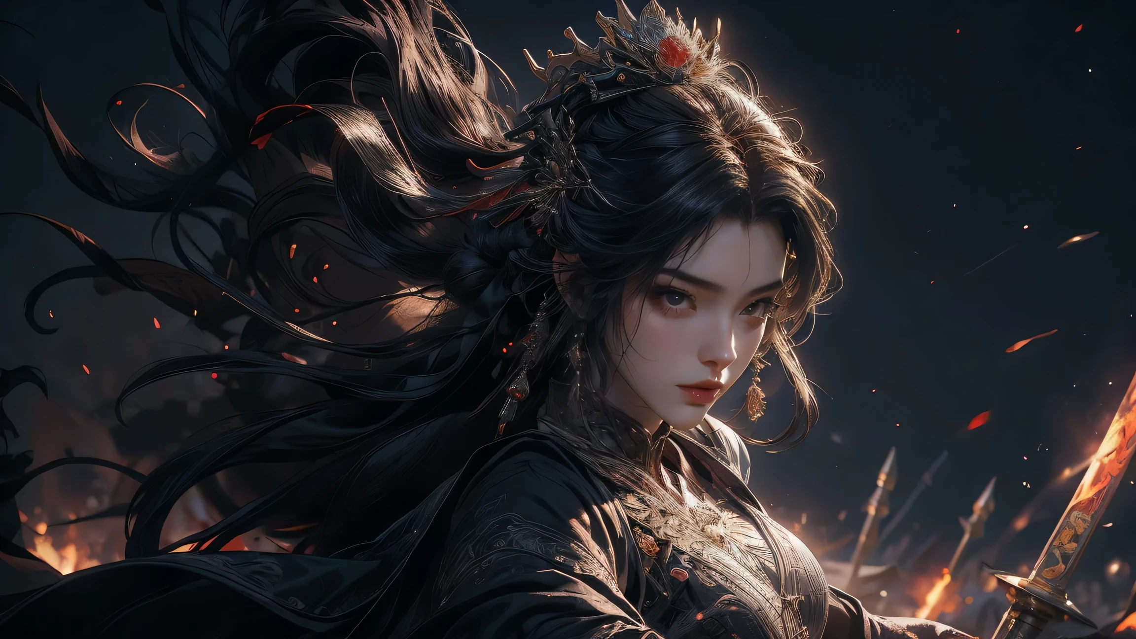 Empress , Has the ability, Phoenix, big black wolf ,Wearing a long black dress magnificent in the wind,Her eyes are like twinkling stars in the night,Her face is indifferent, personality is cold, has a graceful crown,Holding a sword,tense atmosphere,Battlefield, blood, corpses, soldiers, war,Chinese fairy 