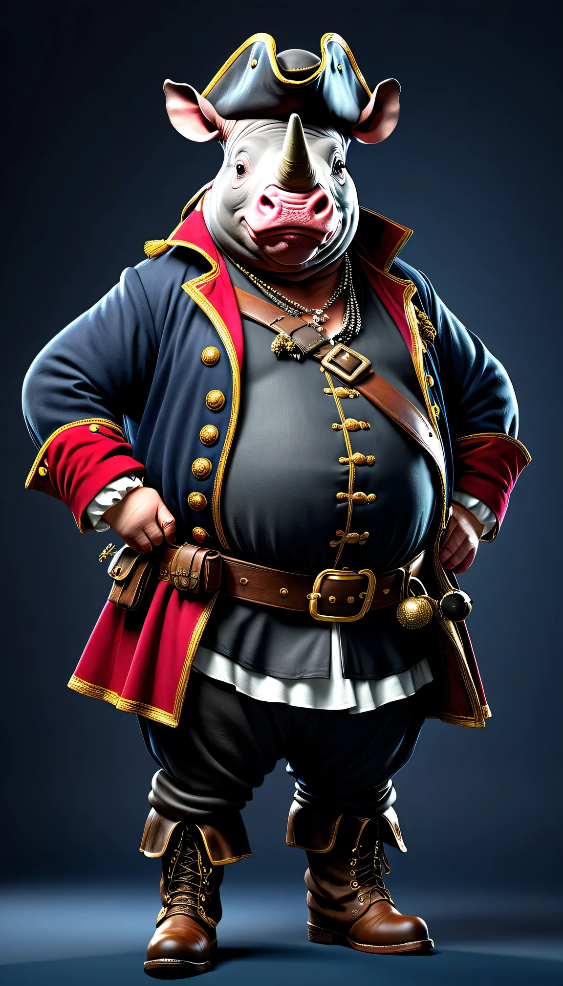 photorealistic portrait of Dressed animals - a ((fat)) rhino pirate,(hands on hips:1.2),(), high quality,(lovely) ,intricate details, highly detailed (( pirate costume)), wearing pirate hat and boots , highly detailed pirate equipment , (happy), studio lighting,(flurry),(simple background)