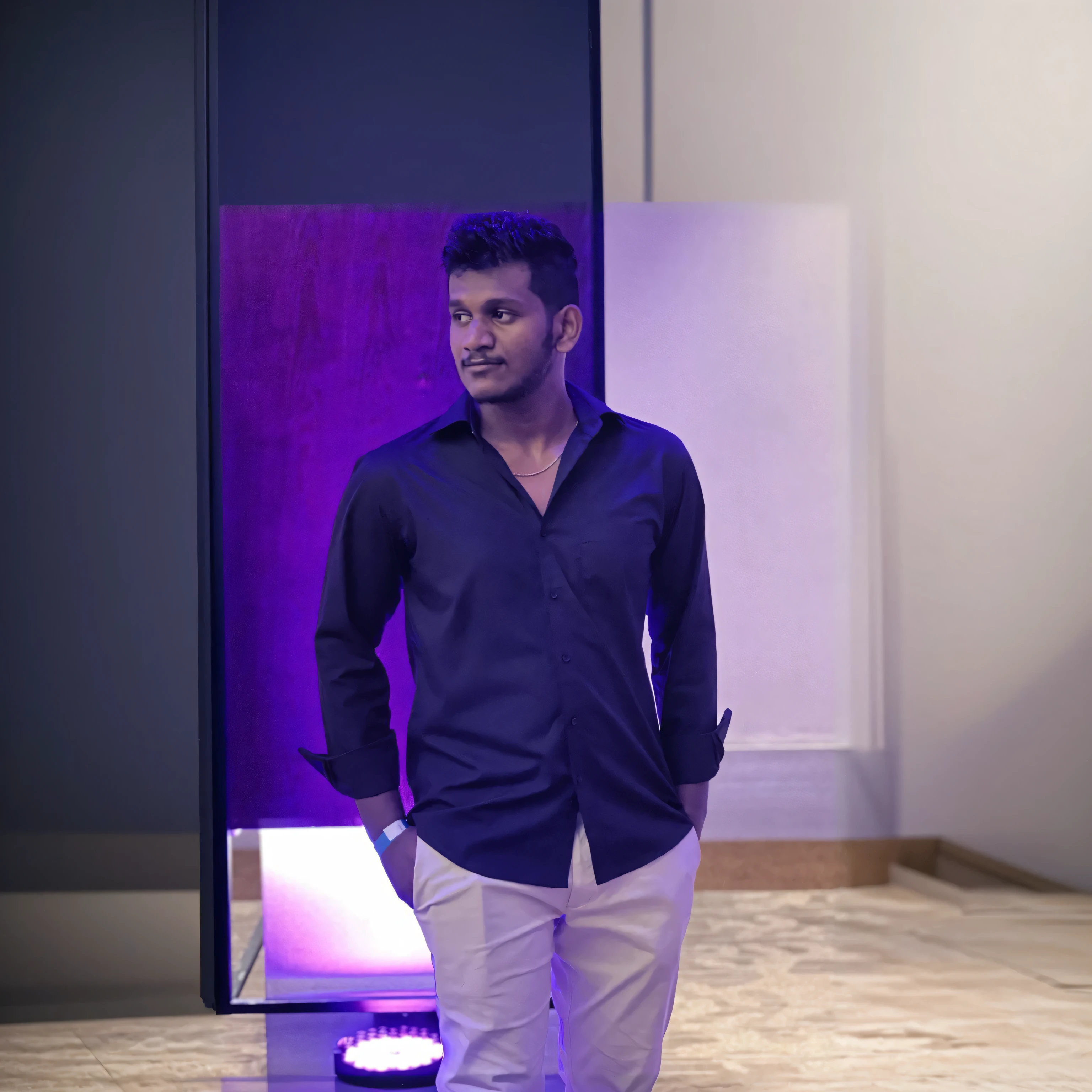 arafed man standing in front of a purple light, wearing a dark shirt and jeans, full body photogenic shot, with a cool pose, in front of white back drop, mohamed chahin style, dark blue shirt, full body portrait shot, at night time, taken with sony alpha 9, taken in the early 2020s, wearing a black shirt