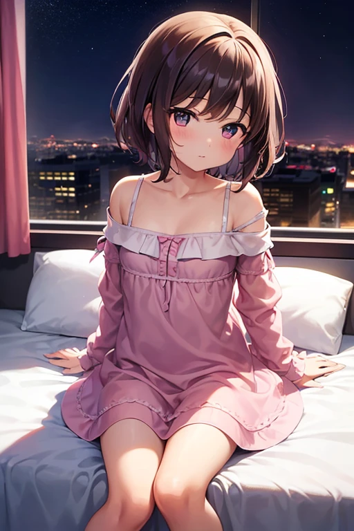 a 7  girl in bed with pink sleeping clocthes with cute short brown hair there a window are the back and there a city and its night