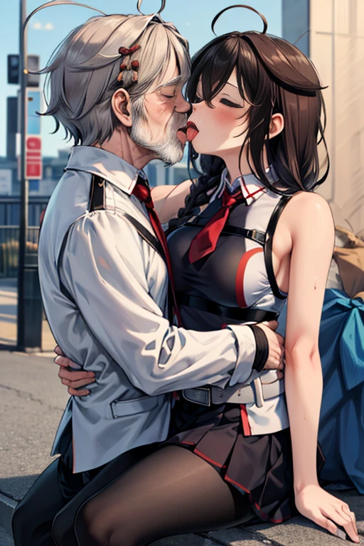 {perfect anatomy},((beautiful face:1.5)),((Pregnant: 0.8)), (((french kiss, 1 girl, 1homeless Old Man, hetero,kiss, french kiss, tongue kiss:1.5))),(Ahegao, blush, Sweat, Open mouth, Rolling eyes, Tears, Tongue out,)(Parted lips),(Closed eyes),(Feeling weak), best quality, (8k, best quality, masterpiece, ultra high res, , Super Detail), Ultra Detailed, Detailed Skin, (an extremely delicate and beautiful), BREKA,1 japanese beautiful airl, ShigureKaiSanKC, (sleeveless) shirt, (black and white) two-tone shirt, (black) pleated skirt, (black) thigh highs, (red) necktie, (white) belt, (black) fingerless gloves, (red) hand ribbon, hair over shoulder, hair ornament, hair between eyes, blue eyes,hair bow, long belt, BREAK perfect hands, detailed hands, best hands.