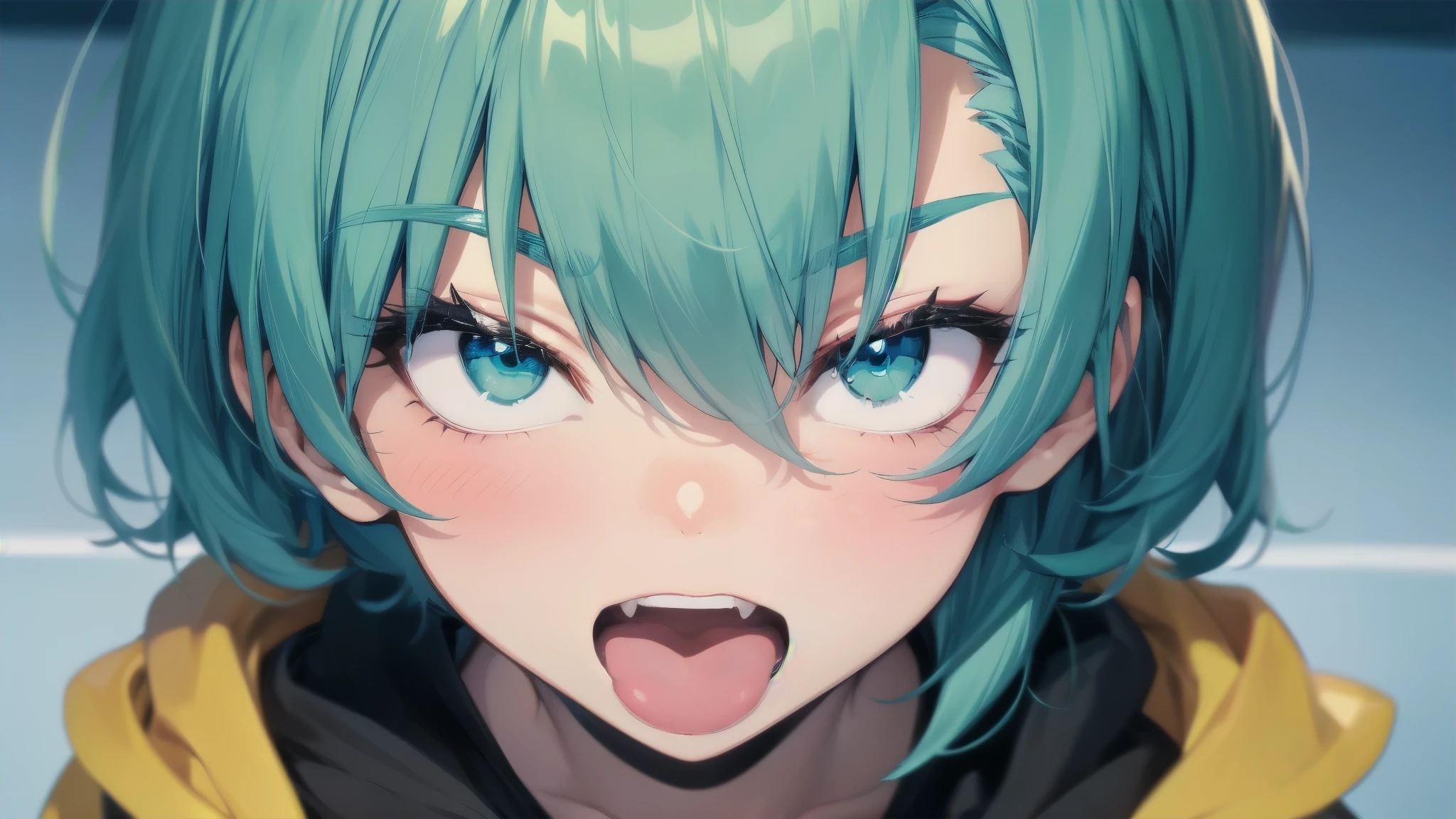 Close up of cartoon girl with blue hair and yellow shirt, 2D anime, blonde mesh, 2D anime style, 2D art, 2D art, 2D from Gorillaz, 2D from Gorillaz, 2D Gorillaz, Screaming Cerket, 2D sprite, Jinx Face, short hair, bob cut, hot pants