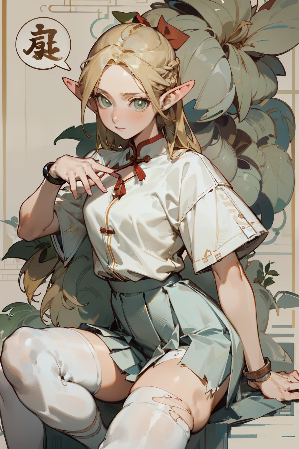 (masterpiece, best quality) detailed, Wearing white tights, silver accessories ,, Blonde ,elegant, pointed ears ，Chinese element pattern，thigh，漏出thigh，White shirt，White pleated skirt，torn clothes，Alphonse Mucha