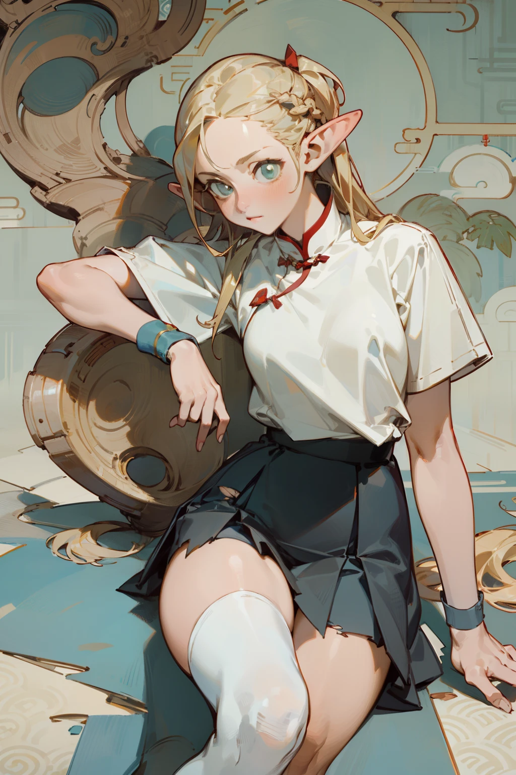 (masterpiece, best quality) detailed, Wearing white tights, silver accessories ,, Blonde ,elegant, pointed ears ，Chinese element pattern，thigh，漏出thigh，White shirt，White pleated skirt，torn clothes，Alphonse Mucha