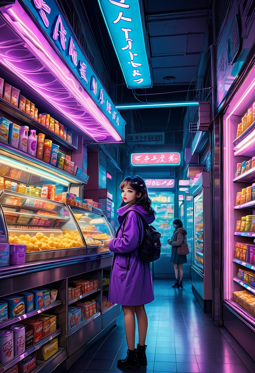 1girl, midnight convenience store, aesthetic, vibrant city lights, dimly lit shelves full of snacks and drinks, a cashier with tired eyes, fluorescent lighting casting a soft glow, late-night customers browsing the aisles, flickering neon signs outside the store, a sense of mystery and solitude, a hazy atmosphere with a touch of nostalgia, cinematic and atmospheric, high-res details capturing the smallest nuances, a combination of realism and dream-like quality, urban aesthetic blending with a hint of surrealism, cool blue and purple tones, soft shadows and subtle highlights, an ambiance that evokes a sense of tranquility and possibility in the midst of the night.