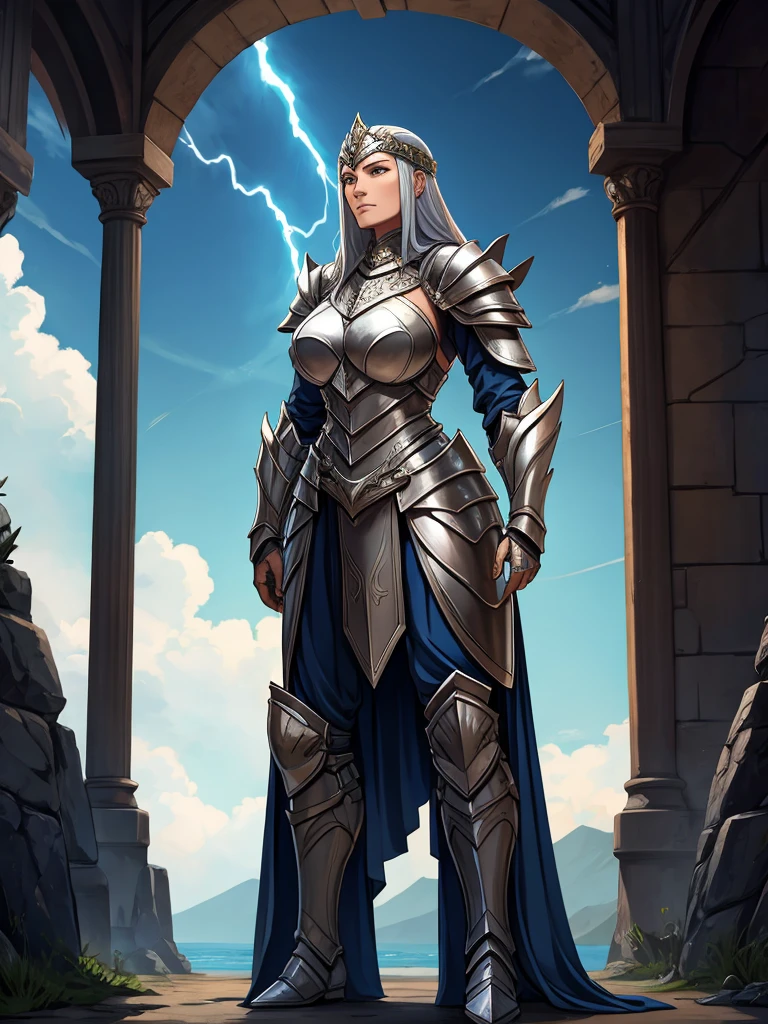 The Goddess of Lightning, armor, metal armor, old woman, tall