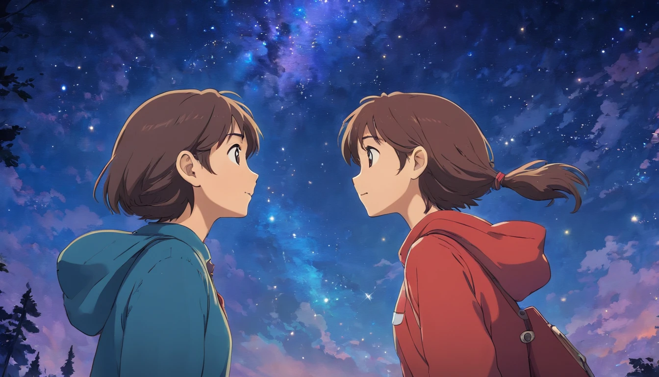 A profile of a cute girl and a cool guy looking at each other in the starry sky. Japanese anime style.