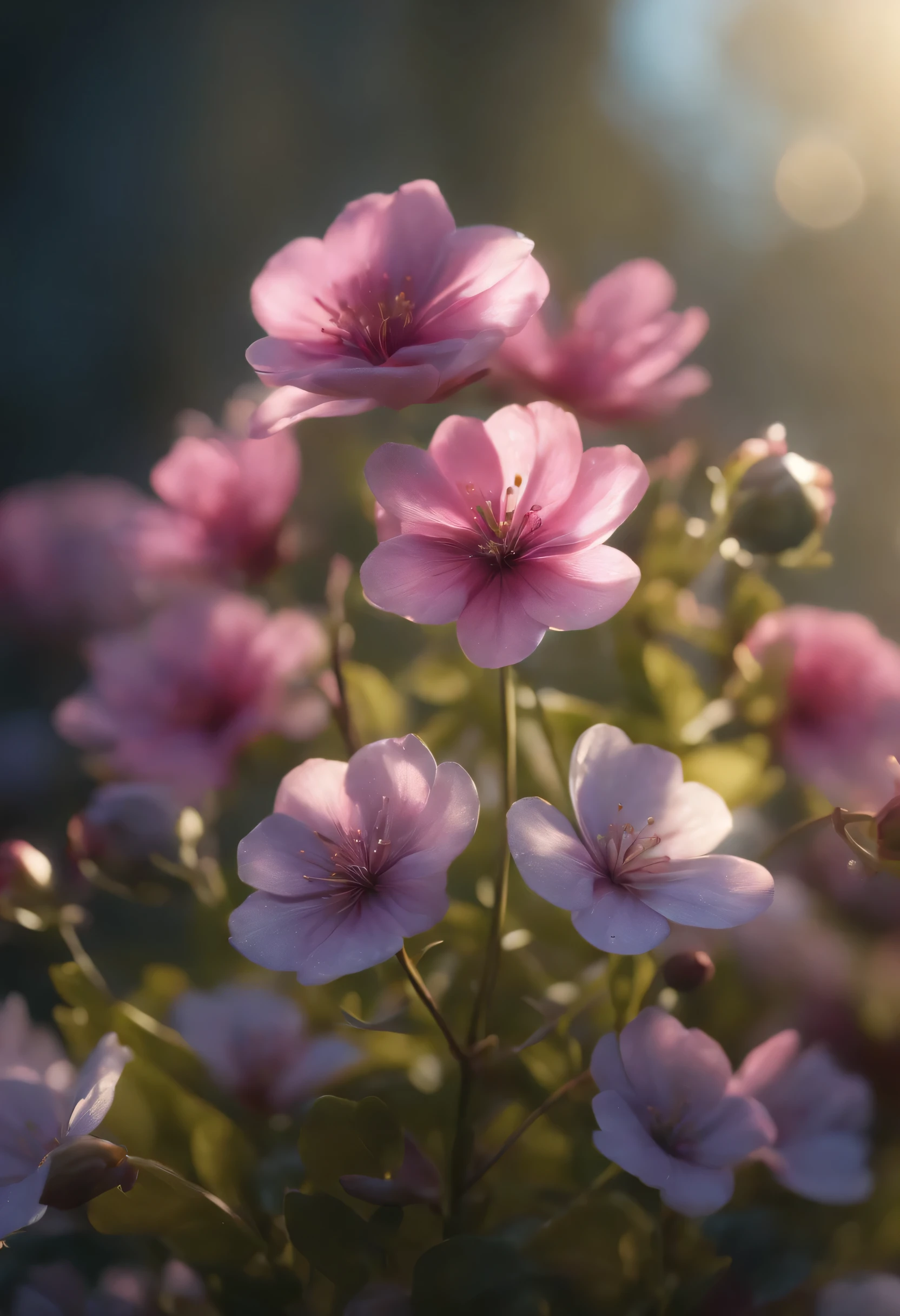 super realistic flowers, spring, transparent, Glittering, Glittering, shining, Coloring, amazing photography, The lighting is dramatic, photorealism, Over-refinement, 4K, depth of field, high resolution