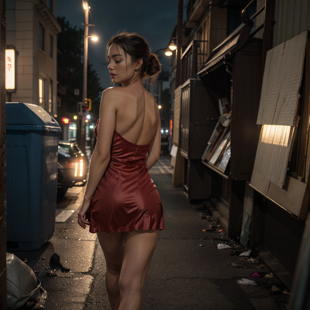 (1woman), a woman is running, woman escapes, (solo woman:1.3), a lady wearing a long evening red dress, wind rises her long skirt showing perfect buttocks. turn her Beautiful face to the viewer, Mobile phone in her hand, realistic handas. She runs down NY streets. garbage dumpsters around, off-end road. City landscape. She escapes from fire and smoke, Beautiful perfect worried face. Closed eyes, slightly open mouth, smooth skin, real pores, (windyupskirt), back view, best quality, fine details, {{masterpiece, best quality, extremely detailed CG, unity 8k wallpaper, cinematic lighting, lens flare}}. ((extreme detail)), (ultra-detailed), best quality, ultra high res, (8k, RAW photo, masterpiece, realistic, photorealistic:1.4), 8k uhd, dslr, absurdres, ray tracing, high quality texture, intricate details, detailed texture, finely detailed. Dramatic dark lights, night illumination, skirtlift, she is alone in terrific place, fear