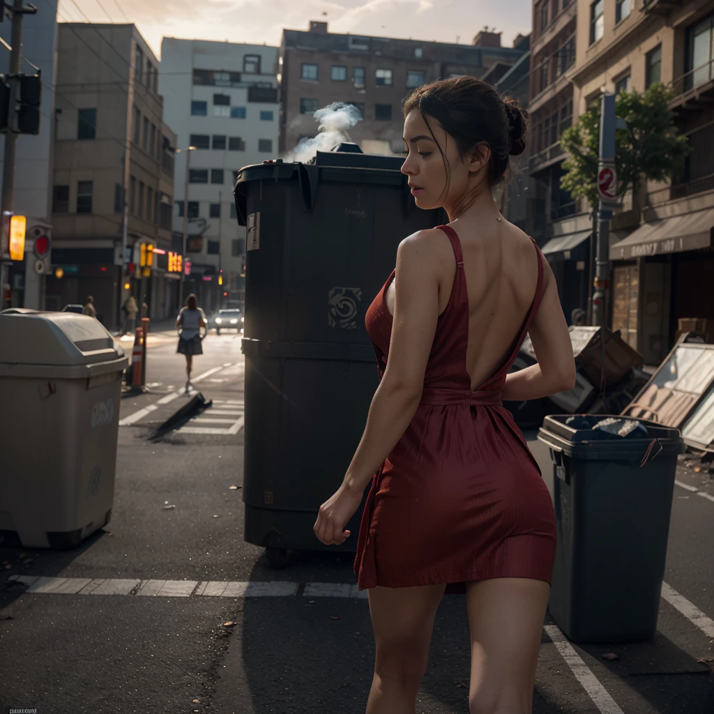 (1woman), a woman is running, woman escapes, (solo woman:1.3), a lady wearing a long evening red dress, wind rises her long skirt showing perfect buttocks. turn her Beautiful face to the viewer, Mobile phone in her hand, realistic handas. She runs down NY streets. garbage dumpsters around, off-end road. City landscape. She escapes from fire and smoke, Beautiful perfect worried face. Closed eyes, slightly open mouth, smooth skin, real pores, (windyupskirt), back view, best quality, fine details, {{masterpiece, best quality, extremely detailed CG, unity 8k wallpaper, cinematic lighting, lens flare}}. ((extreme detail)), (ultra-detailed), best quality, ultra high res, (8k, RAW photo, masterpiece, realistic, photorealistic:1.4), 8k uhd, dslr, absurdres, ray tracing, high quality texture, intricate details, detailed texture, finely detailed. Dramatic dark lights, night illumination, skirtlift, she is alone in terrific place, fear