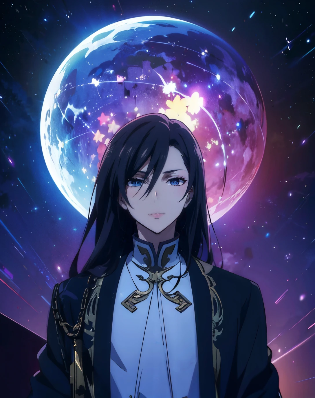 a woman in a black jacket standing in front of a blue and purple planet, beautiful androgynous prince, anime key visual of elegant, delicate androgynous prince, handsome guy in demon slayer art, 2 0 2 1 anime, handsome prince, key anime art, akasuki voidstar, popular isekai anime, emperor of the known universe, official fanart
