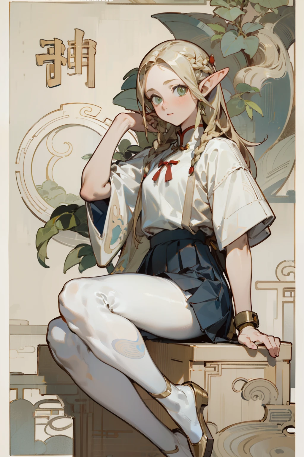 (masterpiece, best quality) detailed, Wearing white tights, silver accessories ,, Blonde ,elegant, pointed ears ，Chinese element pattern，thigh，漏出thigh，White shirt，White pleated skirt，Alphonse Mucha