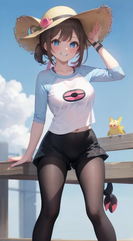 masterpiece, best quality, High resolution, b1, bun,brown hair, blue eyes, Double tail, sun hat, black pantyhose, Raglan sleeves, shorts, shirt, 乳首がshirtから透けて見える、pink ribbon, watch, standing, Cowboy shooting, site, Monster Ball \(basic\), Grinning、(Rosa_Pokémon)、(((From the lower thigh)))、sit on face、我手里拿着大腿Monster Ball、(((The opening of your legs)))、underwear