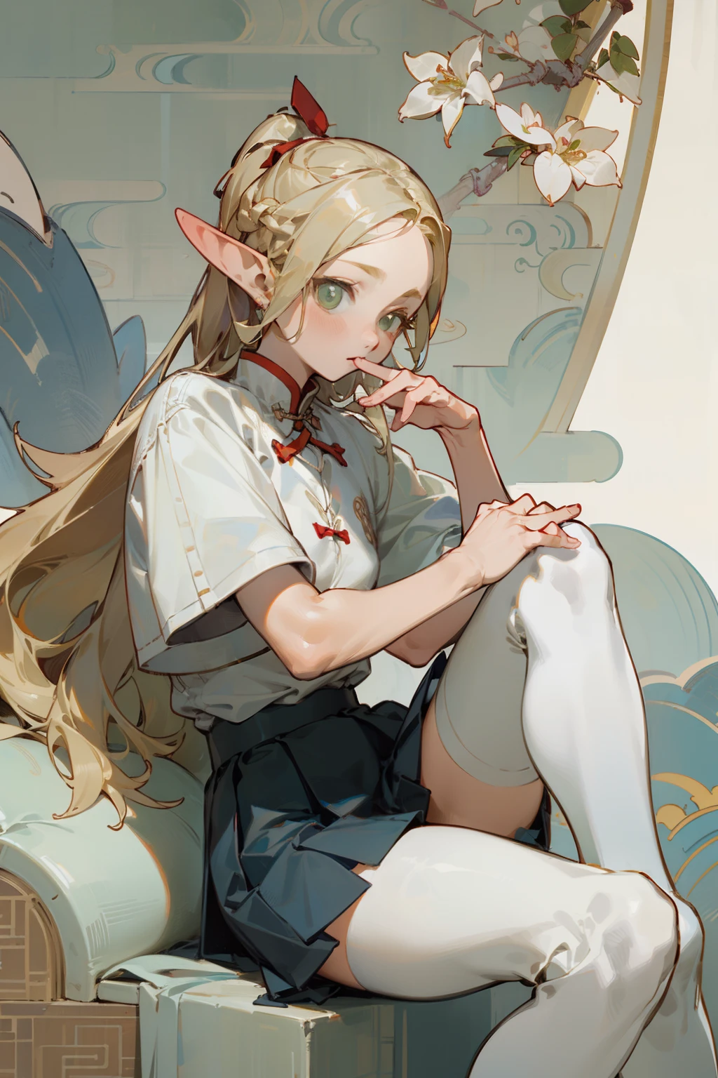 (masterpiece, best quality) detailed, Wearing white tights, silver accessories ,, Blonde ,elegant, pointed ears ，Chinese element pattern，thigh，漏出thigh，White shirt，White pleated skirt，Alphonse Mucha