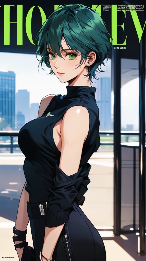 ((1girl)), mature woman, tamaki, green eyes, small eyes, green hair, (boyish short hair:1.3), Fashion magazine cover, high fashion brands, big breasts, Black clothing, wearing sunglasses