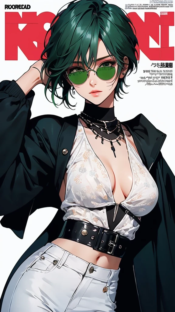 ((1girl)), mature woman, tamaki, green eyes, small eyes, green hair, (boyish short hair:1.3), Fashion magazine cover, high fashion brands, big breasts, Black clothing, wearing sunglasses