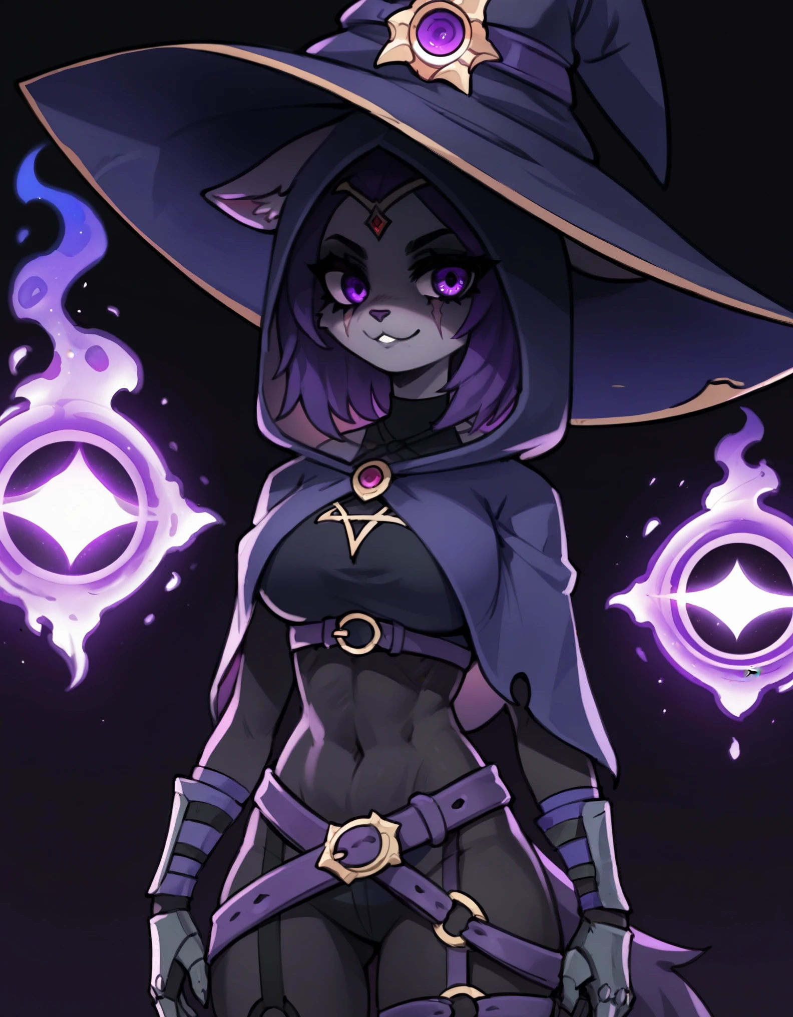 (score_9, score_8_up), score_7_up, zPDXL, SqueakyStyle, Raven Team Leader, 1girl, masterpiece, best quality, purple hood, faceless, shaded face, animal ears, dark skin, purple skin, scar on eye, (furry), (body fur:1.2), purple fur, belt, straps, :3, torso symbol, metal gloves, cowboy shot, poses, magic, using magic, purple orb, orb, hood, (((witch hat))), purple hat, purple fire, purple background, dark background, fire, purple fire, looking at viewer, smile, 