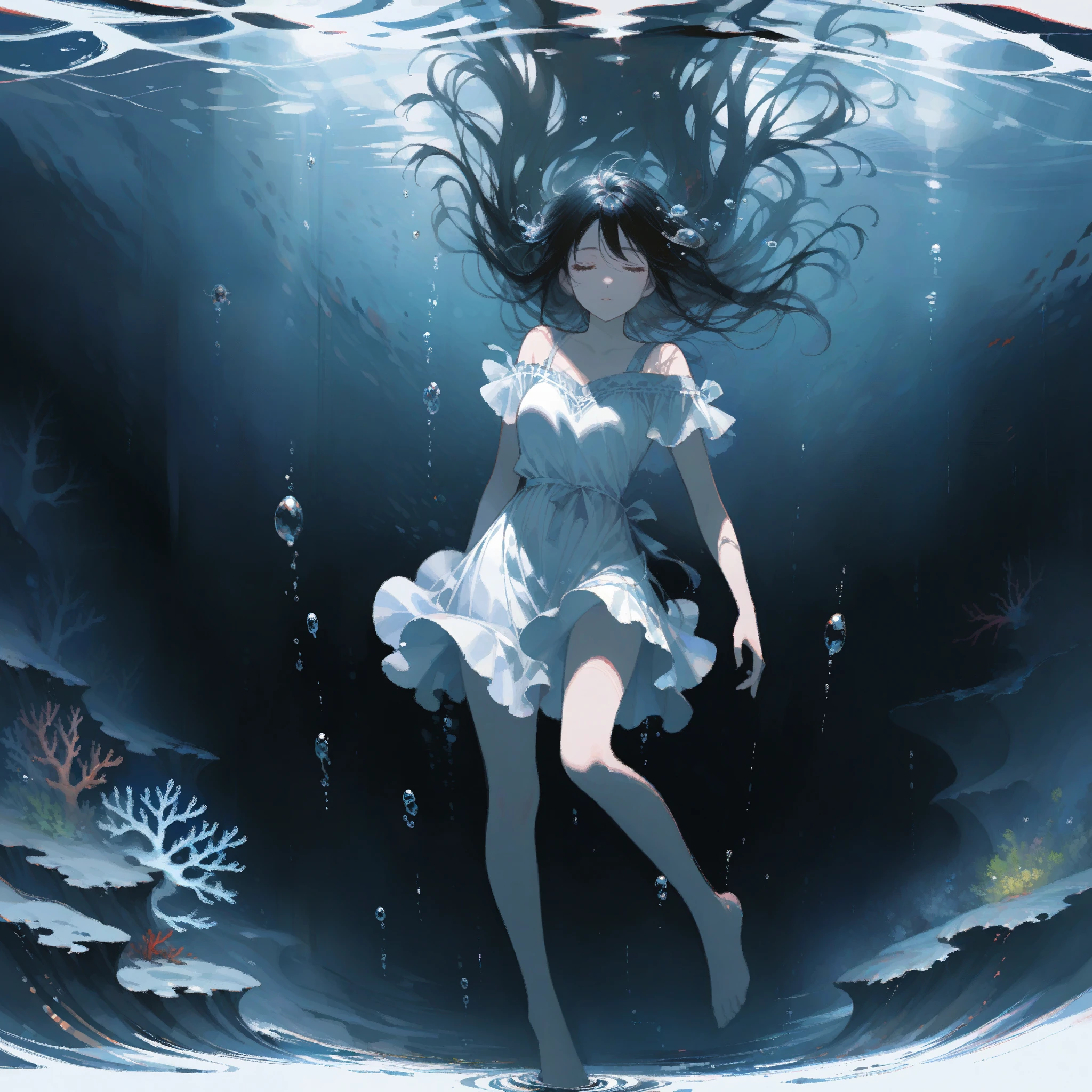 1girl、black hair、Close ~ eyes、barefoot、Floating in water、sink in water、drowning、Bubble、deep sea、Black Sea、coral、Image of a woman floating in water with flowing hair、Visual distortion underwater、dramatic artwork、tegaki, (oil painting:1.3)、deep shadows、highest quality、masterpiece