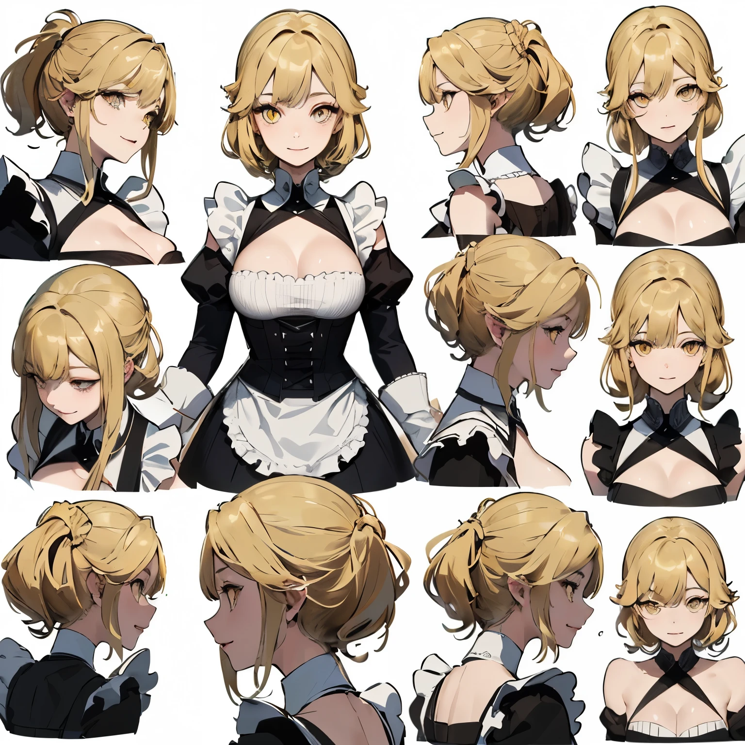 (masterpiece, 8K, highest quality, very detailed, 1 mature woman), (Consistent personality, same character), (blonde hair, yellow eyes), (very detailed顔と肌の質感, fine eyes), evil smile, big breasts, alone, (maid), white background, bare shoulders, enchanting smile, (multiple views, multiple angles), Side view, Front view, look up, look down, Rear view, 20-degree head view