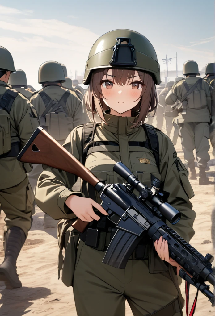 High quality, high definition images, full HD、8k.1 girl Short chestnut hair wearing US combat uniform Wear a helmet deeply, holding a rifle,multiple soldiers