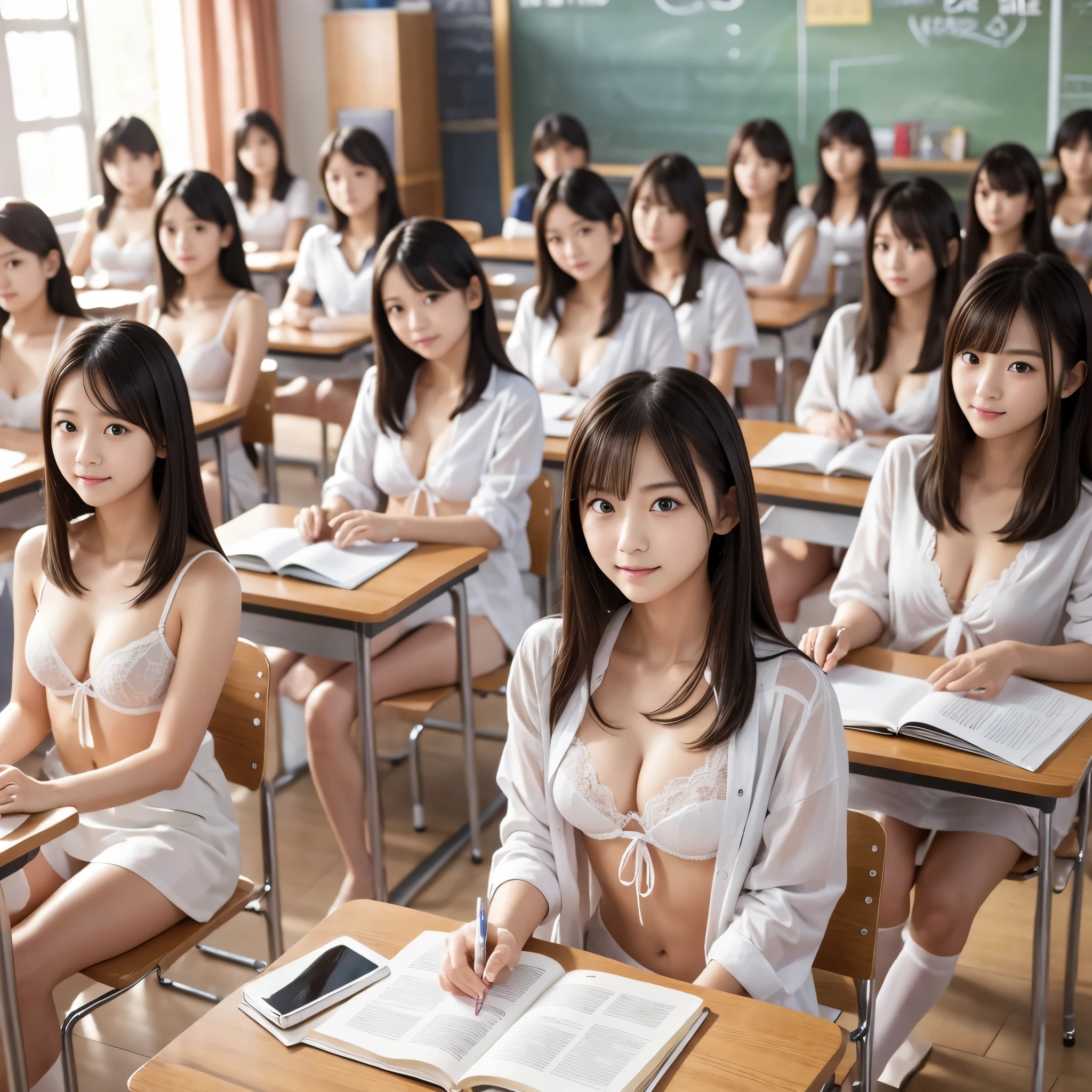 (Raw photo:1.2), (realistic), beautiful detailed girl, highly detailed eyes and face, thin and beautiful eyes, huge file size, High resolution, very detailed, highest quality, [table top:1.6], shape, very detailed, small details, highest quality, 8k wallpaper, movie lighting, Several Japanese female students, Attending class in underwear, school classroom, Their white bras are visible., Their white panties are visible,  young face, slender body, small breasts, exposed underwear, school classroomで授業中, desks are lined up, Barely