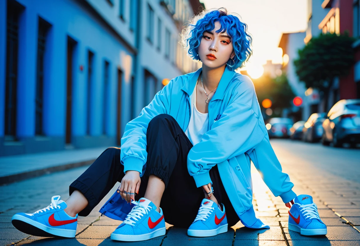 blue hair。blue eyebrows。Short hair with loose perm。Women with freckles。In the background, the evening sun shines on her hair.、background is blurry。Hiphop fashion。NIKE sneakers。full body shot。