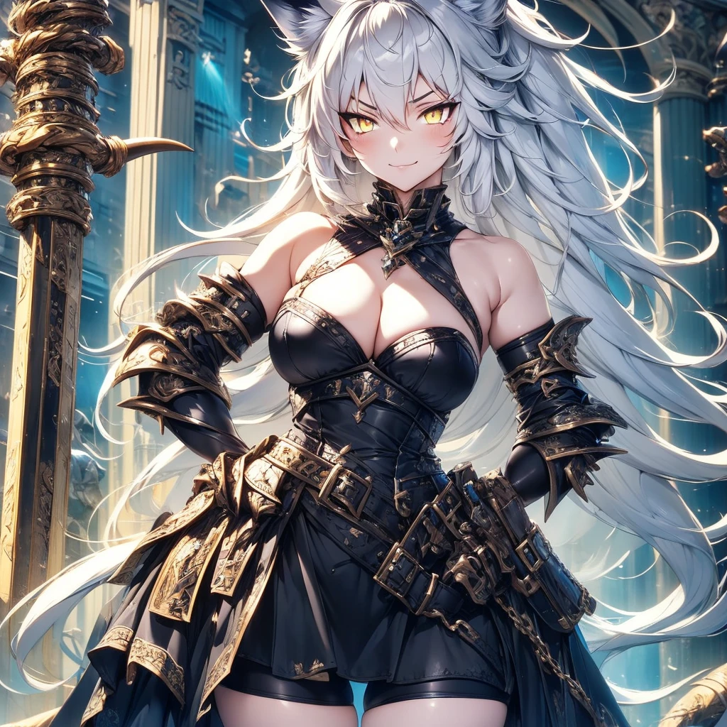 Full body portrait, no croped, 8K, tall beautiful young woman, fluffy wolf tail, white pale skin, smooth skin, especially detailed face, masterpiece, ultra detailed, tmasterpiece, best quality, highlydetailed face, ultra-detailed face, beautiful and aesthetic wolf tailed girl, athletic body, pale white skin, big breasts, curvy, busty, long hair, gray-silver hair, a werewolf young woman, wolf ears, long wolf tail, fluffy wolf tail, wolf-like irises, beautiful, enchanting, bright yellow eyes, detailed eyes, ultra-detailed eyes, accurate eyes, detailed irises, correct body proportions, elegant, small vertical scar under right eye, small rosy lips, cute fangs, wolf fangs, pretty hands, detailed hands, charming, slight blush, shy smile, metal armor, black bike shorts and skirt with stylish metal chains and a black top, detached sleeves, black armor, metal chest armor, armored long bike shorts, long armored skirt, black armored jacket, black metal armor, silver metallic ornaments, bare off shoulders, toned abs, exposed belly, standing pose, hands on hips pose, slight shy smile