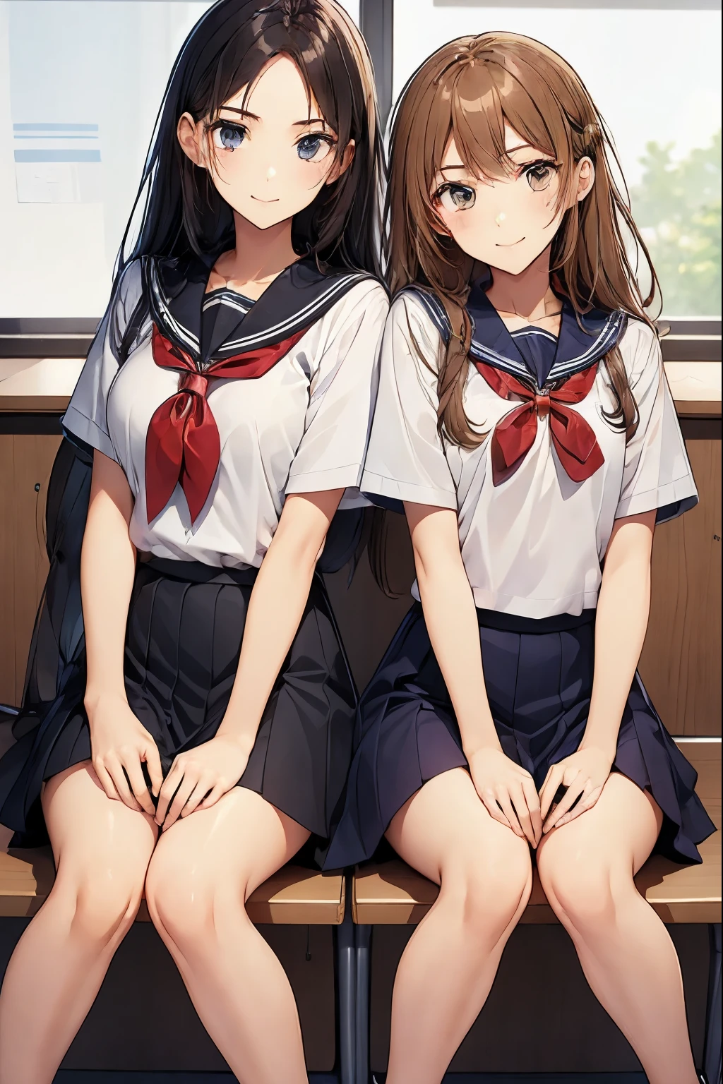 Two high school girls sitting in a classroom、seductive smile、