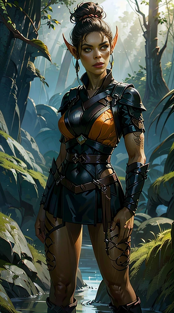 1 girl, sexy githyanki, (green skin:1.3), black bun for short hair, Orange eyes, pointed ears, navel, Life, black raincoat с капюшоном, black raincoat, garter, black belt, brown bag, Medium breasts, Sports, I&#39;m standing in the forest,  river, Highly detailed face and eyes, Sun Ray, One, Best quality, masterpiece, realistic, Anatomically correct, amazing details, complex parts, Post-production 8k, A high resolution, great details, trending on artstation, sharp focus, Depth of field f/1.8, studio photos