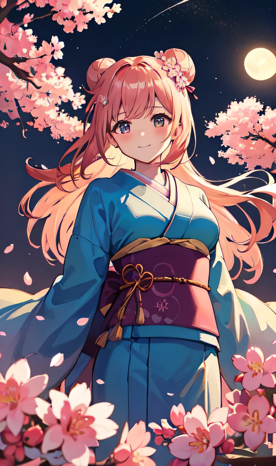 (highest quality, HDR, masterpiece, 8K, super detailed:1.2), cinematic angle, shine, shiny skin, Backlight, particles of light,
outdoor, night、cherry blossoms、cherry blossoms row of trees、nightcherry blossoms、night sky、full moon、Monthly Female, alone, cowboy shot, big breasts、smile, blush, from below, floating hair, Wind、kimono、Bun、hair ornaments