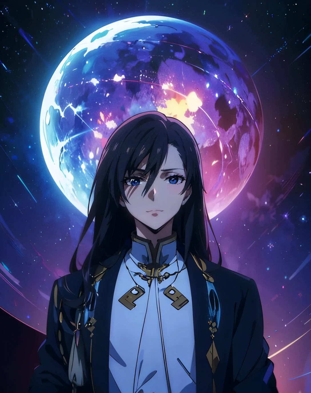 a woman in a black jacket standing in front of a blue and purple planet, beautiful androgynous prince, anime key visual of elegant, delicate androgynous prince, handsome guy in demon slayer art, 2 0 2 1 anime, handsome prince, key anime art, akasuki voidstar, popular isekai anime, emperor of the known universe, official fanart